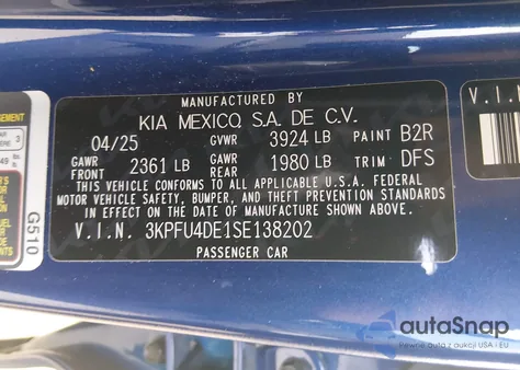 2025 Kia K4 Ex z USA, uszkodzony, nr VIN 3KPFU4DE1SE138202